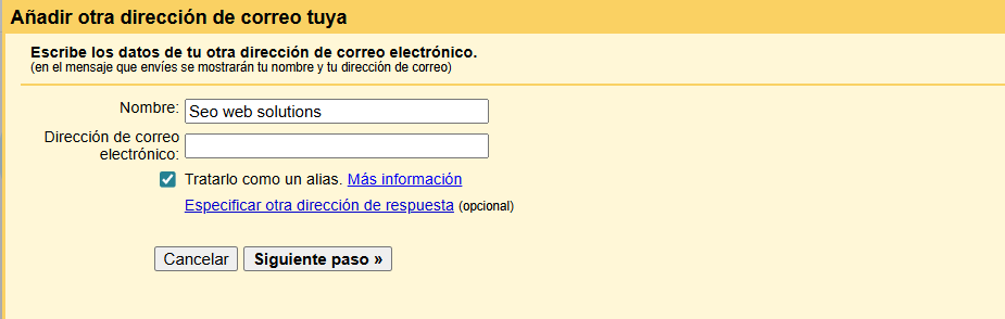 Formulario para anadir otra direccion de correo electronico en Gmail - configuracion SMTP