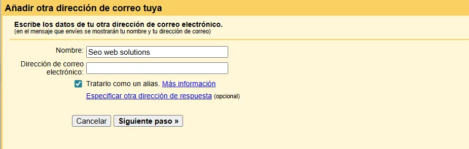 Formulario para anadir otra direccion de correo electronico en Gmail - configuracion SMTP
