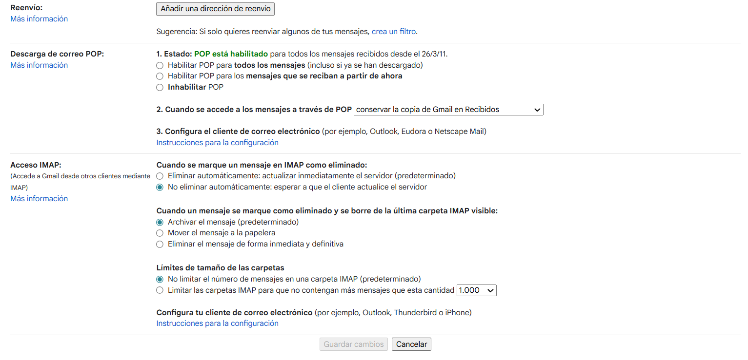 Pantalla de configuracion POP3 e IMAP en Gmail - ajustes de acceso al correo