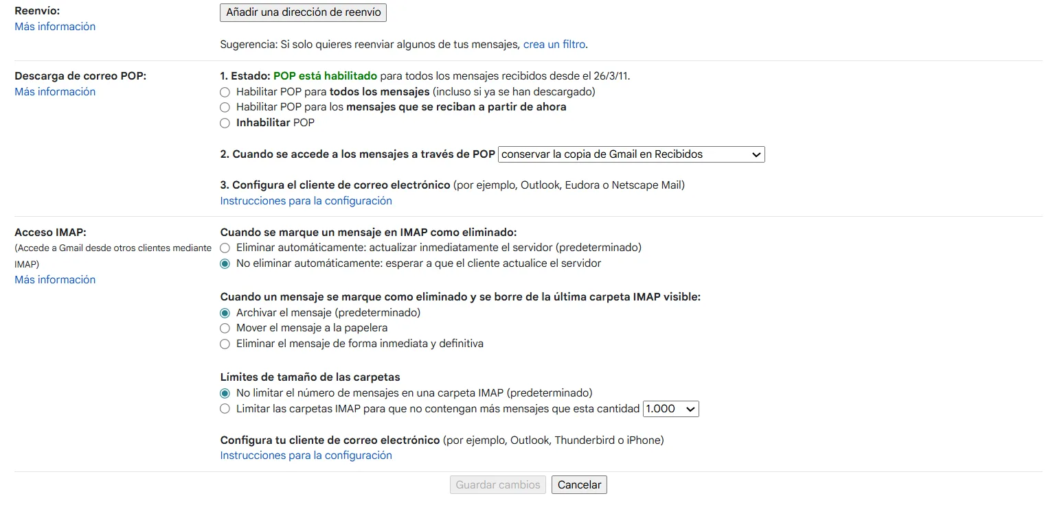 Pantalla de configuracion POP3 e IMAP en Gmail - ajustes de acceso al correo