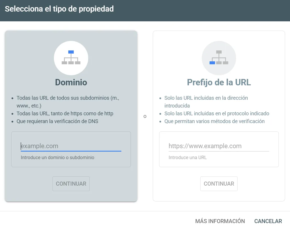 cómo elegir entre propiedad de dominio o prefijo de URL en Google Search Console