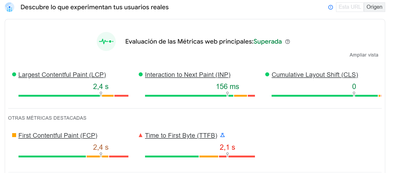 Resultado de Core Web Vitals en PageSpeed Insights para móvil