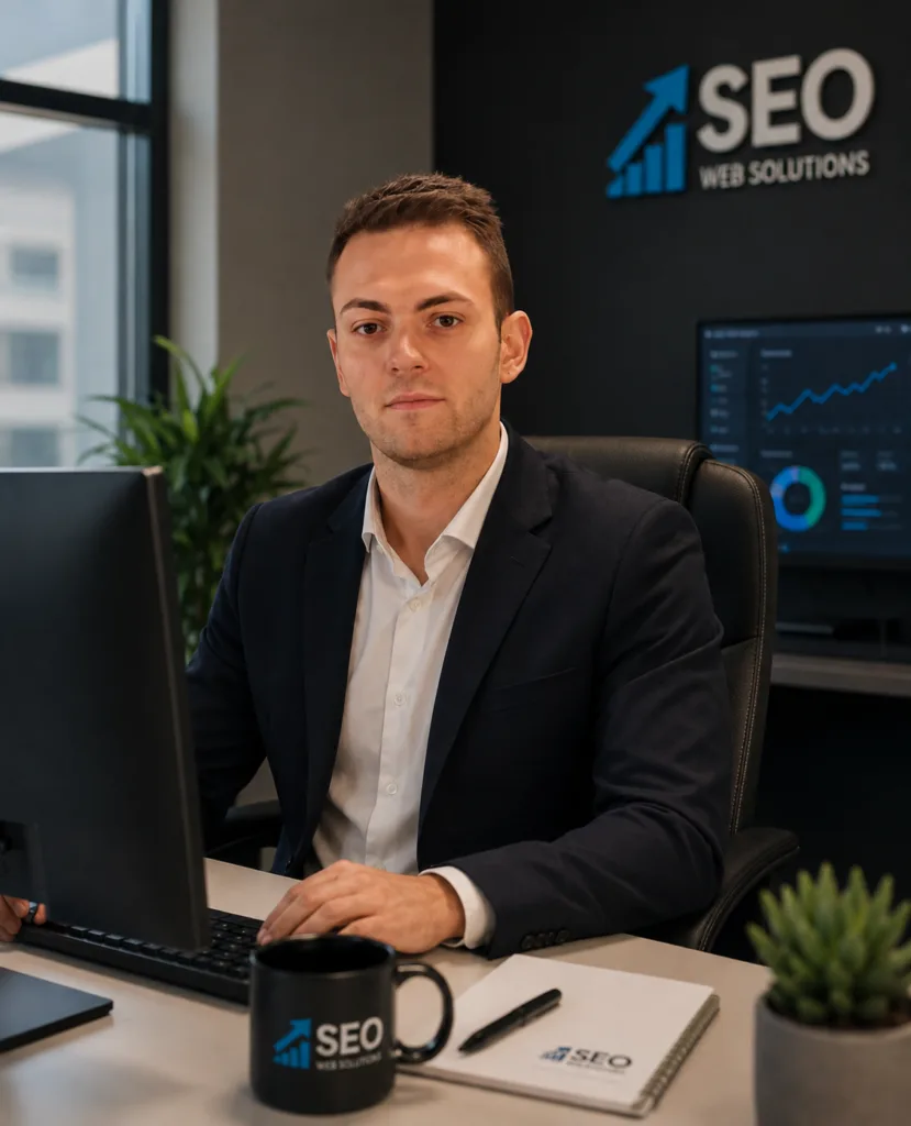 Xavier Serra trabajando en la oficina de Seo Web Solutions