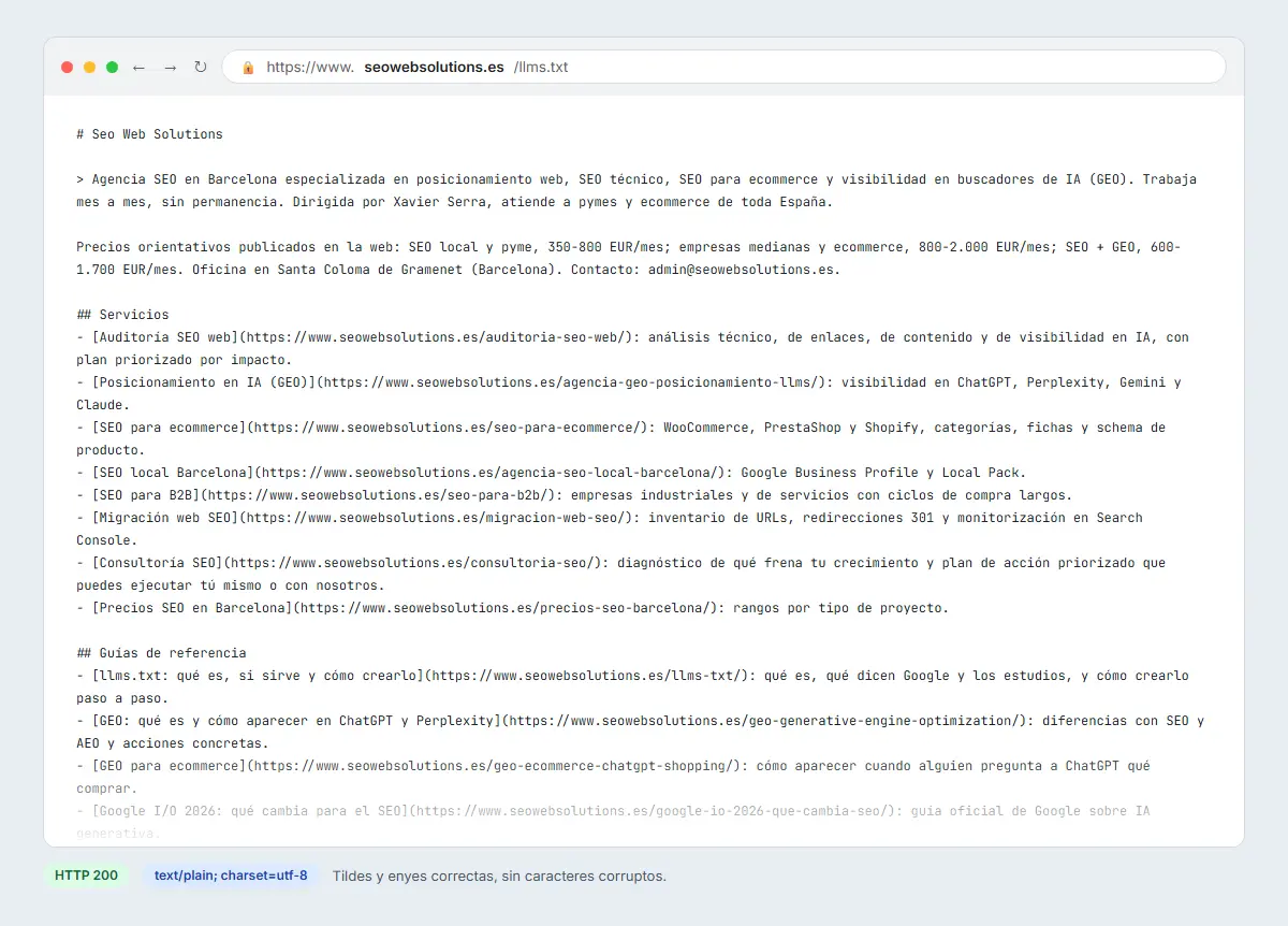 Archivo llms.txt de Seo Web Solutions publicado en la raíz del dominio