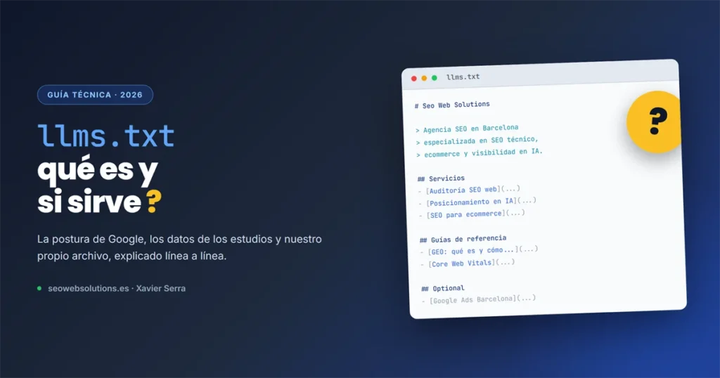 Archivo llms.txt con signo de interrogación sobre fondo azul corporativo
