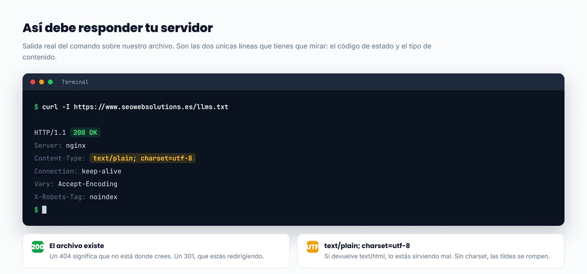 Resultado del comando curl sobre llms.txt con código 200 y tipo text/plain en UTF-8