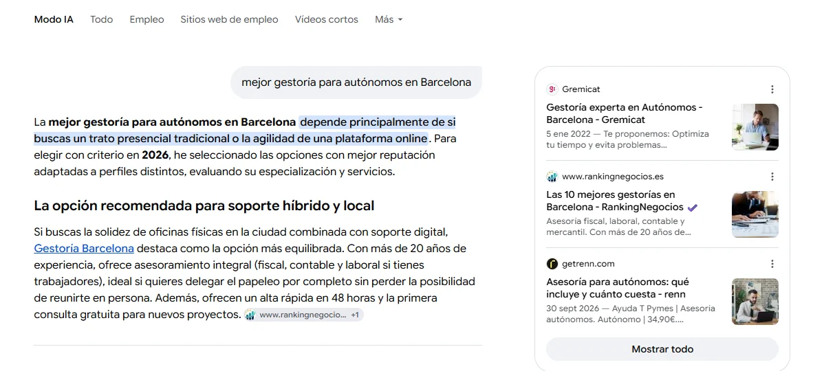 Pestaña del Modo IA en Google España con la respuesta generada y el panel de fuentes