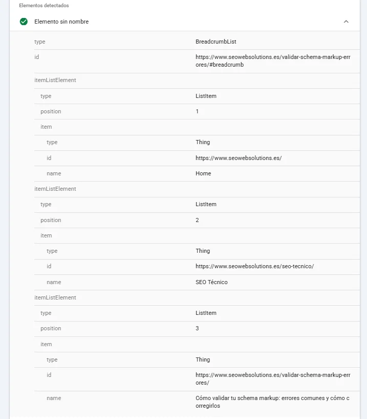 Datos estructurados que Search Console detecta en la inspección de URL en vivo